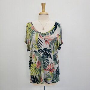 Maurices 24/7 Womens Floral Cowl Back Tee Large Short Sleeve V-Neck Tropical NWT